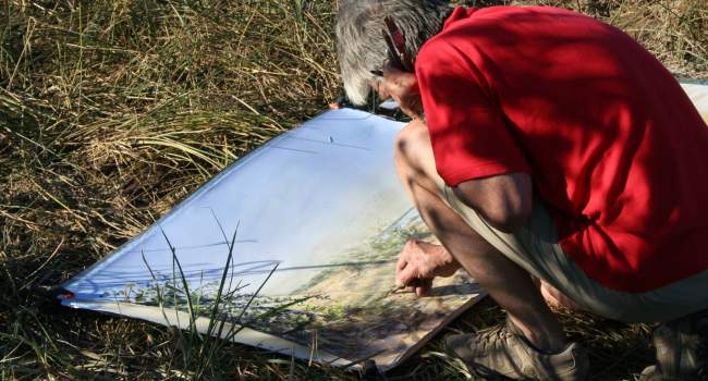 Artist Bruce Pearson working in the field in Senegal as part of the BTO/SWLA Flight Lines project